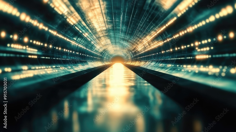 Poster reflective tunnel with glowing lights extending infinitely, creating a mesmerizing effect.