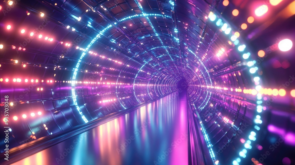 Poster reflective tunnel with glowing lights extending infinitely, creating a mesmerizing effect.