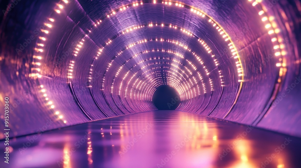 Poster reflective tunnel with glowing lights extending infinitely, creating a mesmerizing effect.