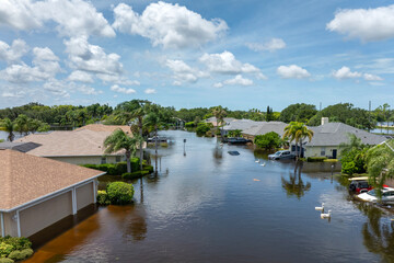Flooding in Florida caused by tropical storm from hurricane Debby. Suburb houses in Laurel Meadows...