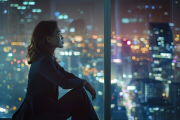 Silhouetted professional woman against city backdrop