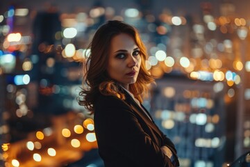 Obraz premium Confident female executive standing before city skyline.