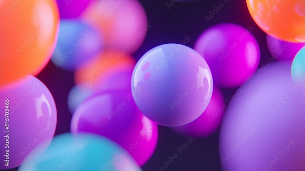 Poster a row of colorful balls with a blurry background. the balls are of different colors and sizes, and t