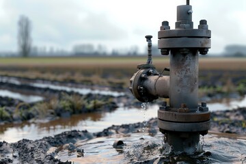 Industrial water pump in muddy agricultural field, irrigation system in farm landscape, rural environment, water management concept
