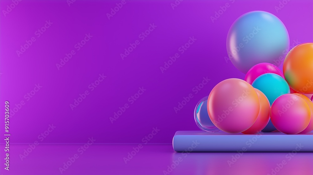 Poster a purple background with a bunch of colorful balls on top of it. the balls are of different colors a
