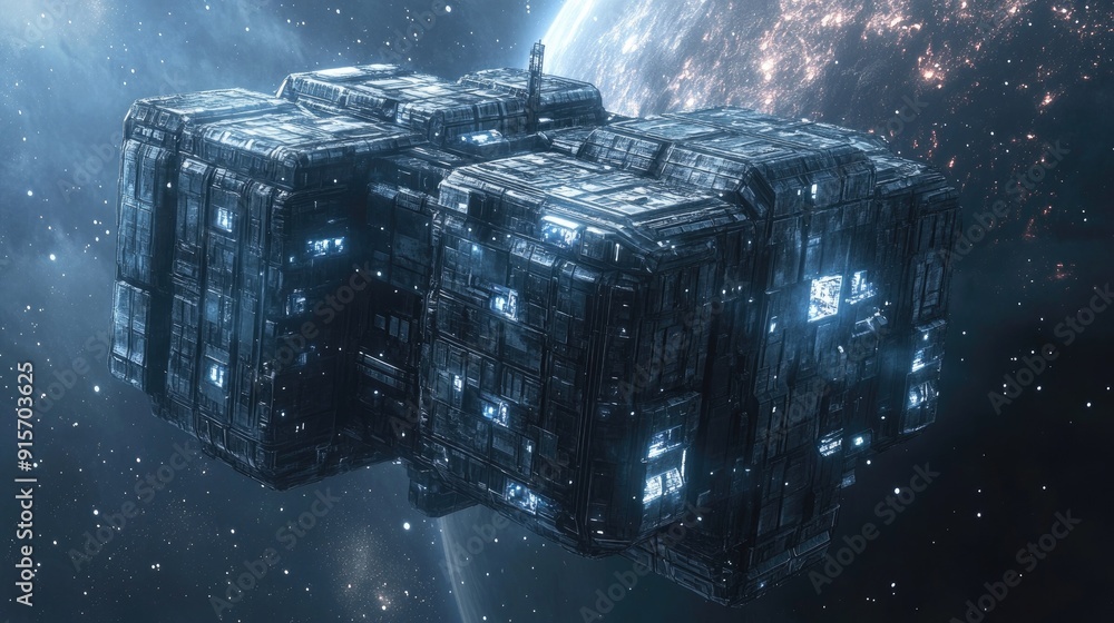 Poster sci-fi space station composed of metallic cubes, floating in outer space.
