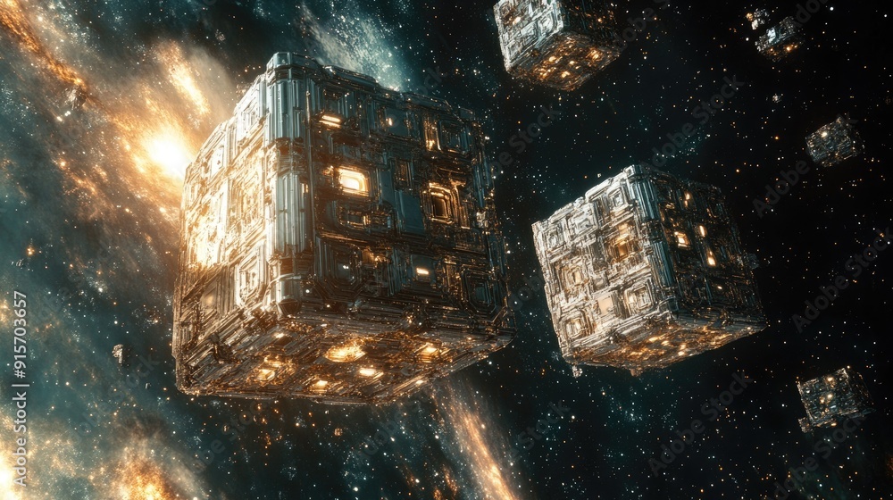 Poster sci-fi space station composed of metallic cubes, floating in outer space.