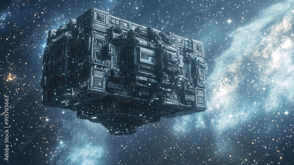 Poster sci-fi space station with a cubic design, floating in a starry background. 3d rendering.