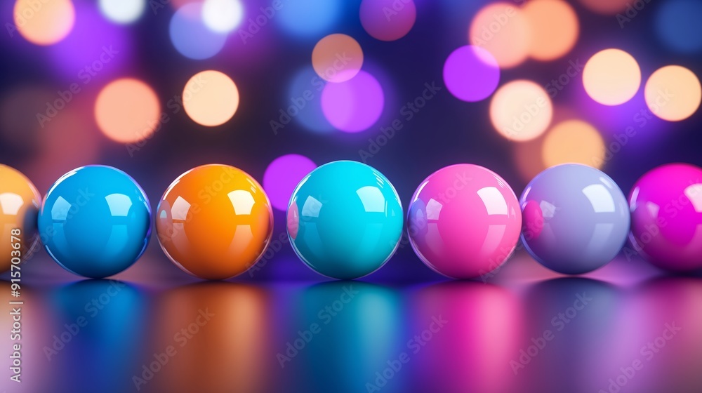 Poster a row of colorful balls with a blurry background. the balls are of different colors and sizes, and t