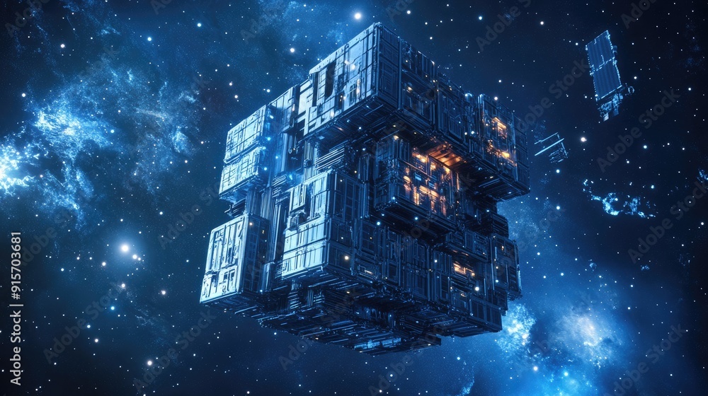 Poster sci-fi space station with a cubic design, floating in a starry background. 3d rendering.