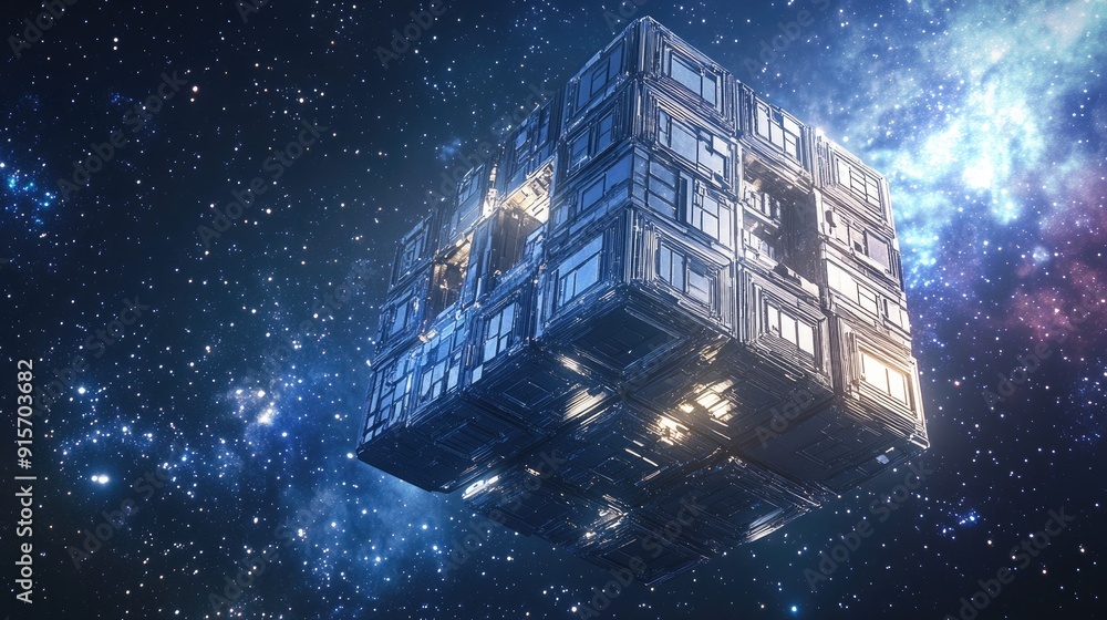 Poster sci-fi space station with a cubic design, floating in a starry background. 3d rendering.