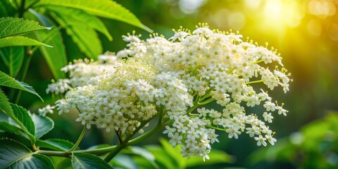 Delicate white elderflowers bloom on a lush green branch, surrounded by abundant foliage, capturing the serenity and beauty of a summer meadow scene.
