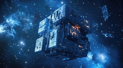 Sci-fi space station with a cubic design, floating in a starry background. 3D rendering.