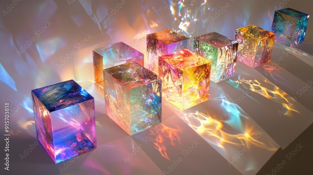 Aufkleber spectrum of light from dichroic glass cubes, creating sparkling effects on textured white paper in a