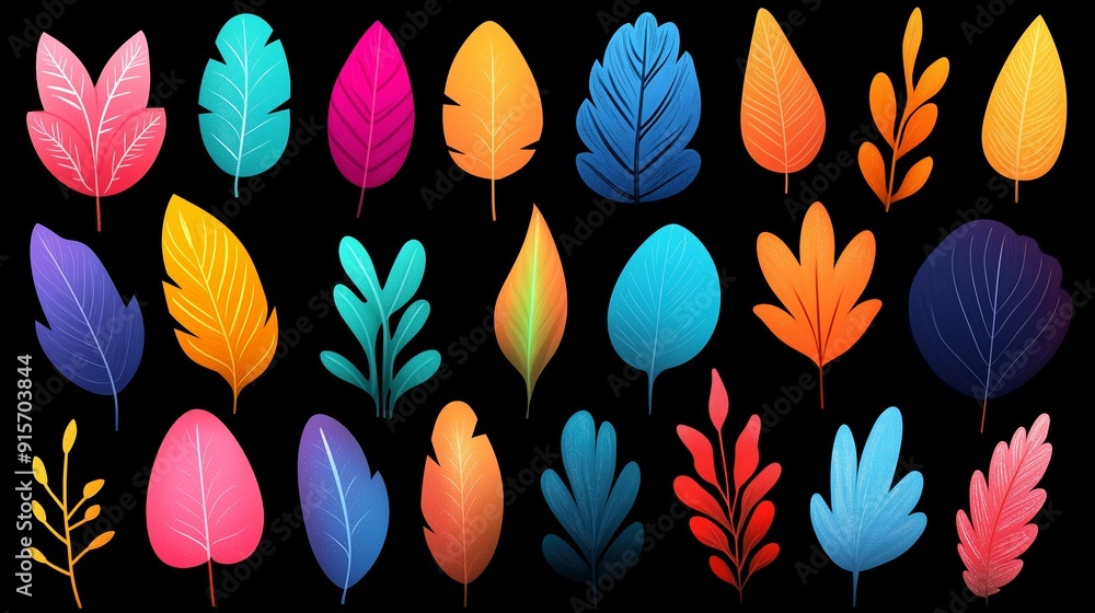 Poster a collection of colorful leaves with a variety of colors and shapes. the leaves are arranged in a ro