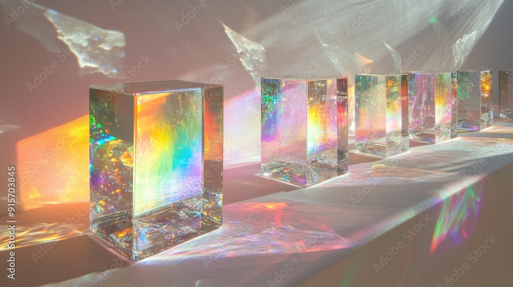 Aufkleber spectrum of light from dichroic glass cubes, creating sparkling effects on textured white paper in a