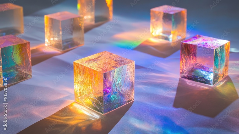 Aufkleber spectrum of light from dichroic glass cubes, creating sparkling effects on textured white paper in a
