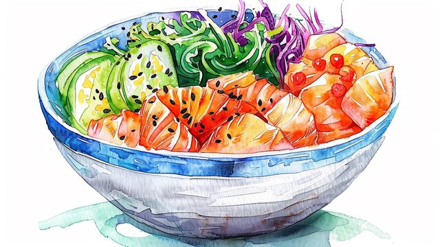 Hwe dup bap (Korean raw fish bibimbap) in a bowl,Clipart, watercolor illustration, Perfect for nursery art The style is hand  drawn, white background