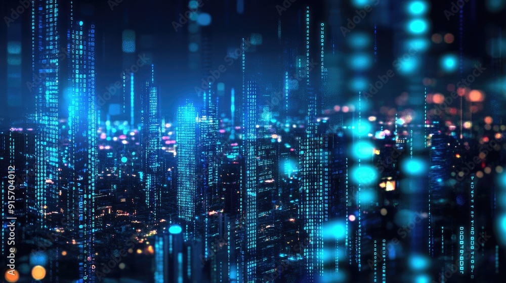Poster urban cityscape illuminated by neon blue lights with a backdrop of flowing binary code. represents d
