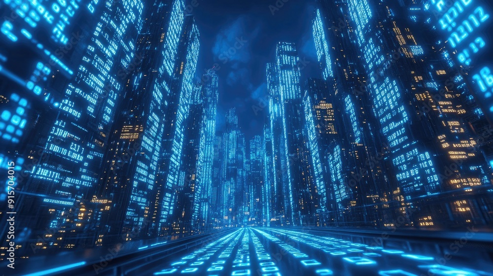 Poster urban cityscape illuminated by neon blue lights with a backdrop of flowing binary code. represents d