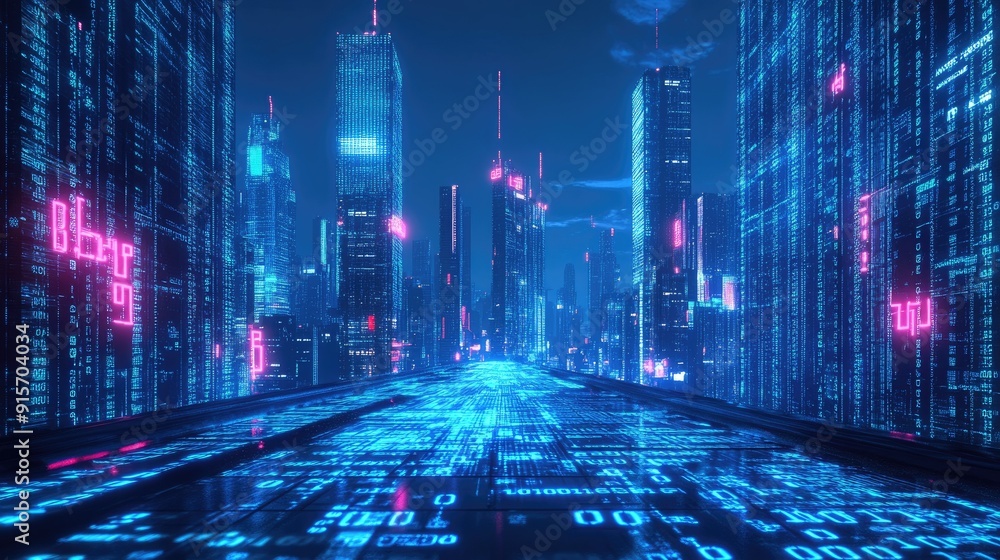 Poster urban cityscape illuminated by neon blue lights with a backdrop of flowing binary code. represents d