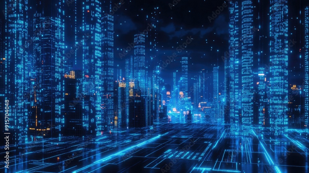 Poster urban landscape illuminated by neon blue lights and cascading binary code. concept of high-tech data