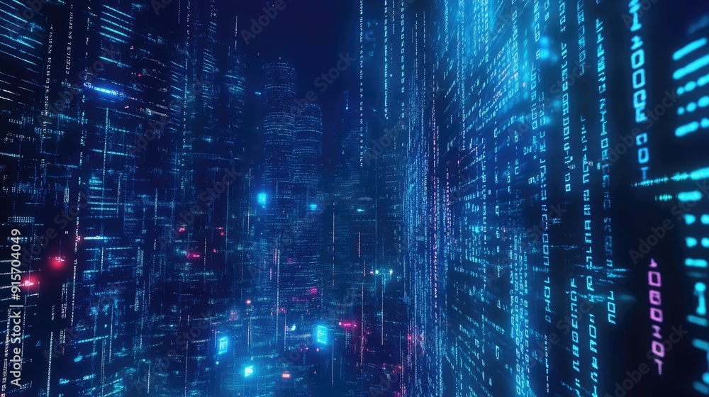 Poster urban landscape illuminated by neon blue lights and cascading binary code. concept of high-tech data