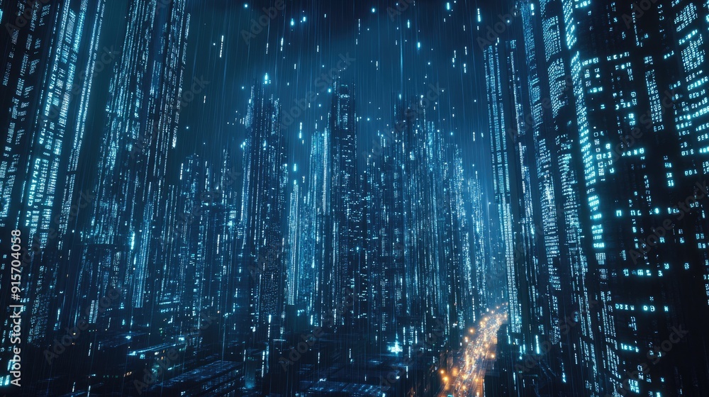 Poster urban landscape illuminated by neon blue lights and cascading binary code. concept of high-tech data