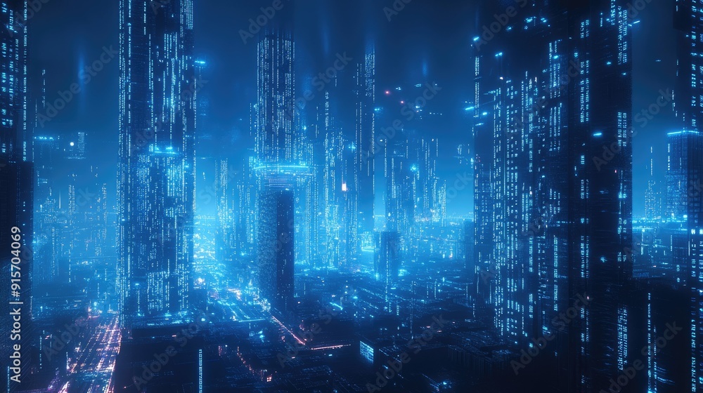 Poster urban landscape illuminated by neon blue lights and cascading binary code. concept of high-tech data