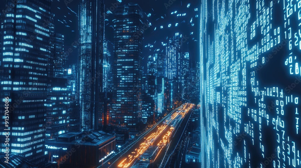 Poster urban night scene with neon blue glow and binary code streams. depiction of high-tech data flow and 