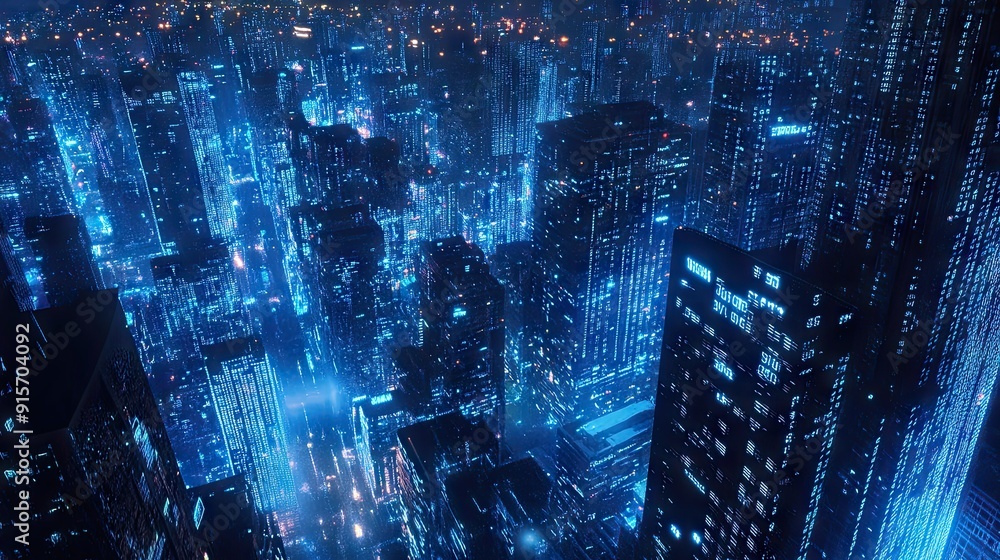 Poster urban night scene with neon blue glow and binary code streams. depiction of high-tech data flow and 