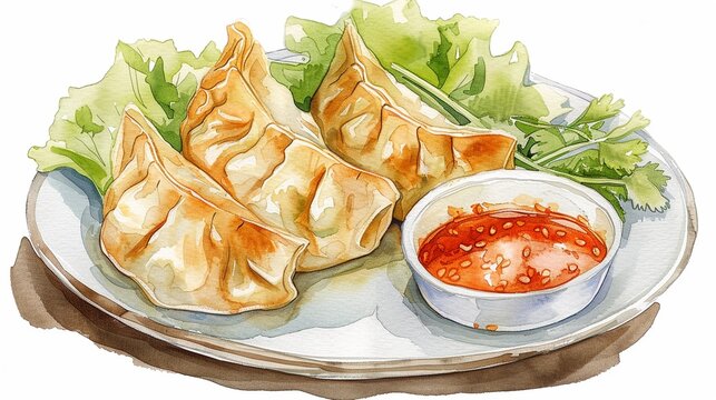 Kimchi mandu (kimchi dumplings) on a plate with dipping sauce,Clipart, watercolor illustration, Perfect for nursery art The style is hand  drawn, white background