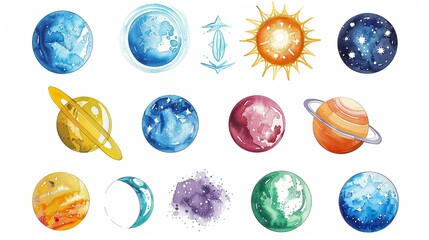 Astrological glyphs for each planet,Clipart, watercolor illustration, Perfect for nursery art The style is hand  drawn, white background