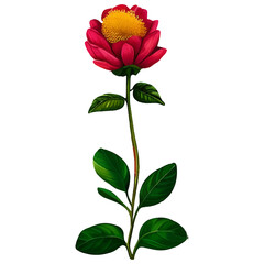 Single red flower with green leaves isolated on white background.