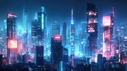 Fototapeta premium Urban skyline with neon-lit futuristic buildings and high-tech digital screens. Digital illustration. --ar 16:9