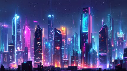 Vibrant city skyline of the future with skyscrapers covered in neon lights and digital displays. Digital illustration.