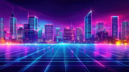 Naklejka premium Vibrant neon lights brighten a futuristic night city with a colorful backdrop. Wide cityscape view featuring cyberpunk and retro wave design.