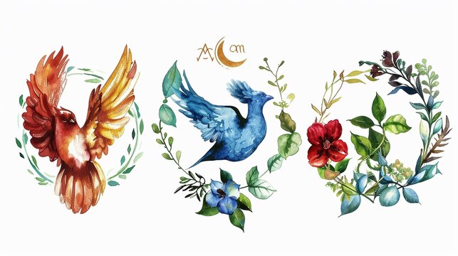 Horoscope symbols for qualities (cardinal, fixed, mutable),Clipart, watercolor illustration, Perfect for nursery art The style is hand  drawn, white background