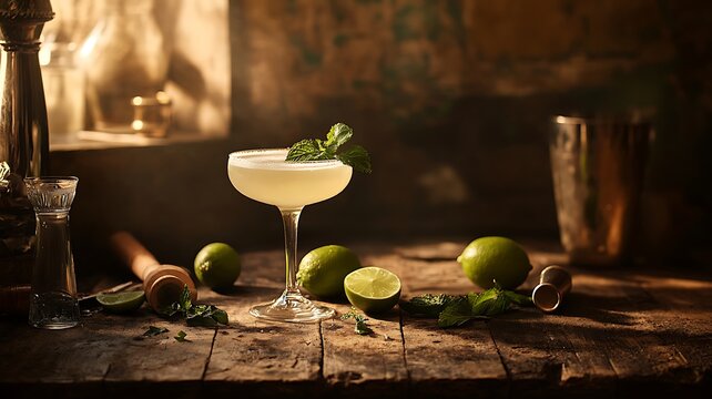 classic still life of a cocktail glass on a rustic wooden bar with a few scattered cocktail ingredients, including limes and mint leaves and ambient light