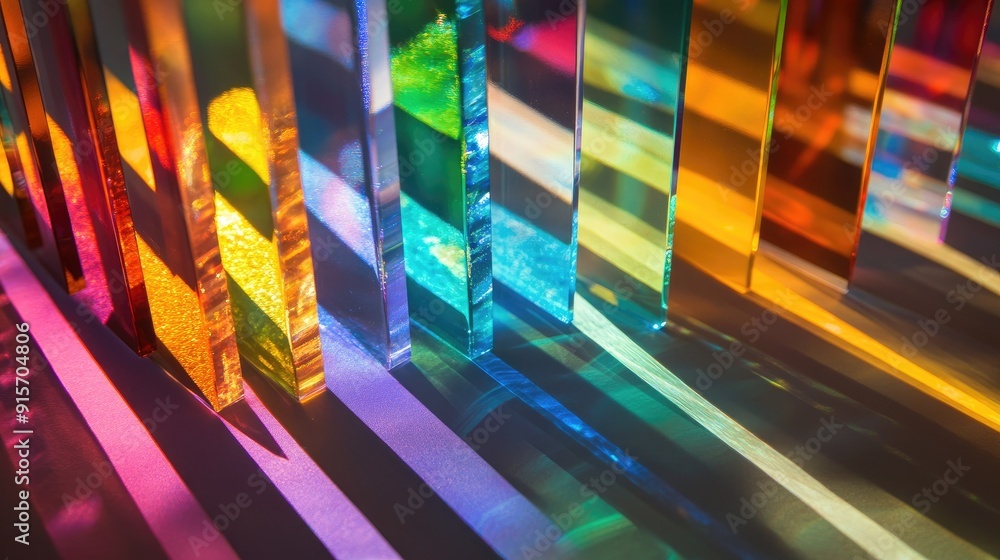 Poster view of glass prisms and dichroic translucent stripes dispersing light into several colorful spectra
