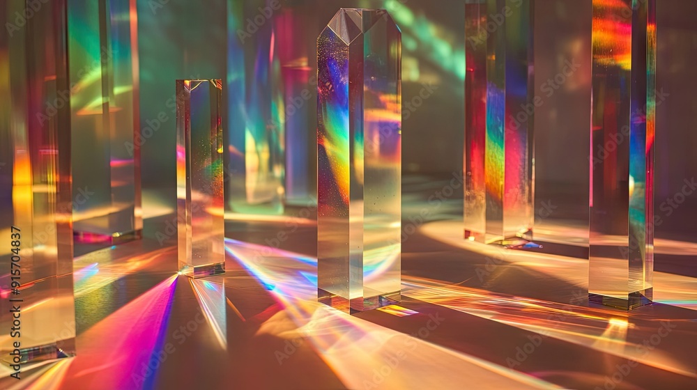 Poster view of glass prisms and dichroic translucent stripes dispersing light into several colorful spectra