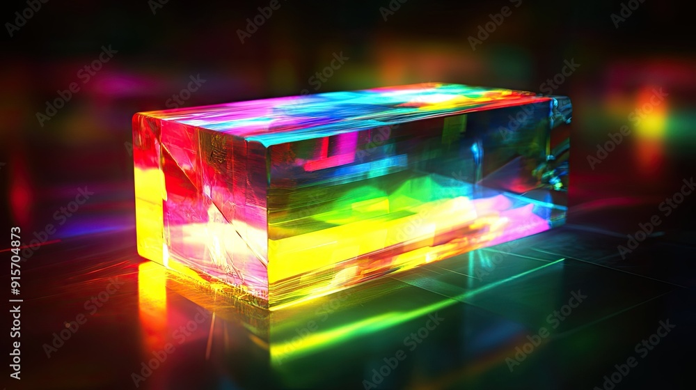 Poster Vividly glowing rectangular object with multicolored illumination creating an abstract effect in the dark. a