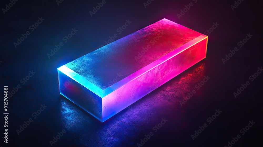 Poster Vividly glowing rectangular object with multicolored illumination creating an abstract effect in the dark. a
