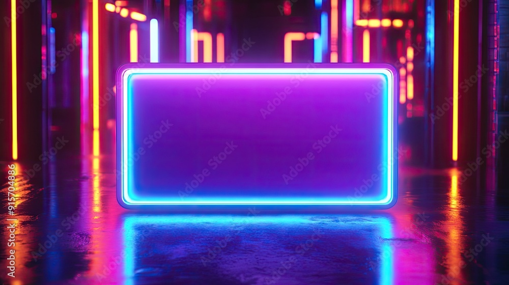 Fototapete vividly lit rectangular object with neon colors glowing brightly in the dark. -