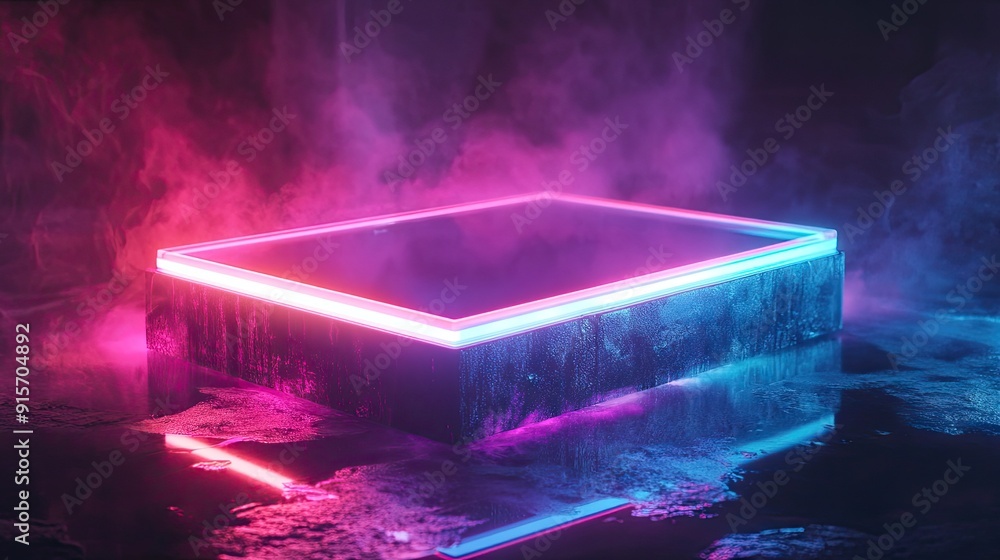 Fototapete vividly lit rectangular object with neon colors glowing brightly in the dark. -