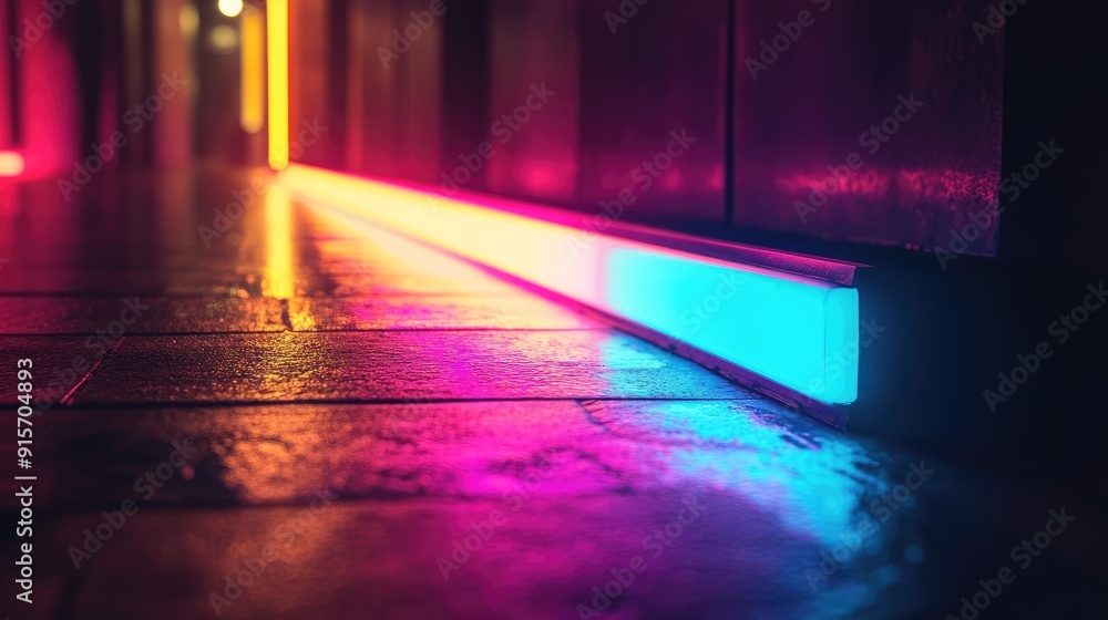 Fototapete vividly lit rectangular object with neon colors glowing brightly in the dark. -