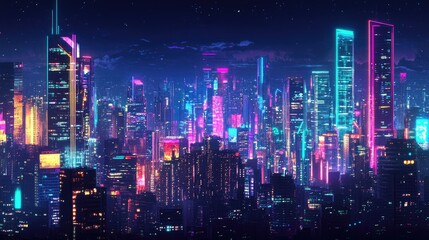 Naklejka premium Wide view of a vibrant futuristic cityscape at night with colorful neon lights. Retro wave and cyberpunk style highlighting the bright city skyline. -