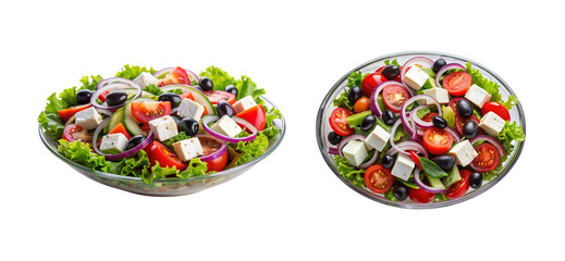 Greek salad, with feta cheese, olives, onions and tomotos, top view, isolated on transparent background