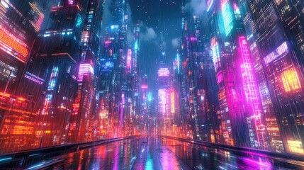 Fototapeta premium Wide-angle view of a futuristic cityscape at night, illuminated by colorful neon lights. Cyberpunk and retro wave elements in the vibrant city.