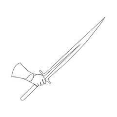 Hand holding sword continuous line art drawing. Hand-drawn sword outline vector isolated on white background.	